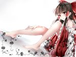  1girl arm_support bare_shoulders bow brown_hair detached_sleeves dress frilled_sleeves frills from_side hair_bow hair_ribbon hair_tubes hakurei_reimu long_hair ookamisama parted_lips red_dress red_eyes ribbon sitting solo touhou wide_sleeves 