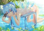  blue_eyes blue_hair chin_rest cirno frog frozen ice ice_block ice_wings leotard lily_pad looking_at_viewer lying playstation_portable pond popsicle_stick shoutai_(7490773) smile touhou water wings 