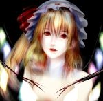  1girl bare_shoulders black_background blonde_hair eyelashes flandre_scarlet hat hat_ribbon lips long_hair mob_cap nose open_mouth portrait red_eyes ribbon side_ponytail simple_background slnc&#039;re495 smile solo teeth touhou wings 
