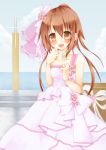  1girl brown_eyes brown_hair dress flower fumizuki_(kantai_collection) hair_ribbon jewelry kantai_collection long_hair looking_at_viewer mochizuki_masora open_mouth ponytail ribbon ring solo wedding wedding_dress wedding_ring 