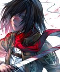  1girl black_hair blood blood_on_face blood_splatter bloody_clothes bloody_weapon bust eyelashes grey_eyes highres holding holding_sword holding_weapon jacket lips long_sleeves mikasa_ackerman military military_uniform parted_lips red_scarf scarf shikihara_mitabi shingeki_no_kyojin short_hair simple_background solo uniform weapon white_background 