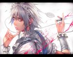  1girl apron blood bloody_knife bloody_weapon braid bust chain eyelashes finger_to_chin fingernails frilled_apron frilled_sleeves frills grey_hair highres holding holding_knife holding_weapon izayoi_sakuya knife letterboxed lips looking_back maid_apron maid_headdress pink_eyes pocket_watch puffy_short_sleeves puffy_sleeves shikihara_mitabi short_hair short_sleeves solo text thorns touhou twin_braids vines watch weapon wrist_cuffs 