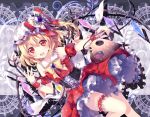  1girl adapted_costume blonde_hair corset flandre_scarlet hat laevatein leg_garter looking_at_viewer open_mouth red_eyes red_skirt riichu short_hair side_ponytail skirt solo touhou wings 