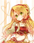  1girl amamiya_kabosu blonde_hair blush crop_top detached_sleeves green_eyes hairband heart heart_of_string long_hair mana_khemia mana_khemia_2 midriff navel smile solo ulrika_myberg 