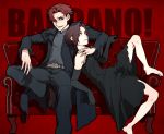  1boy 1girl baccano! barefoot black_dress black_hair chane_laforet claire_stanfield couch dress fley3black redhead short_hair 