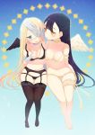  2girls bandage_over_one_eye bandages barefoot black_hair blonde_hair blue_eyes blush hym9594 lingerie long_hair multiple_girls navel original panties pantyshot small_wings tagme underwear wings yellow_eyes 