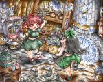  2girls animal_ears black_hair braiding_hair cat_ears colored ghost hairdressing highres kaenbyou_rin multiple_girls redhead reiuji_utsuho shaved_ice touhou traditional_media watercolor_(medium) ys_(ytoskyoku-57) zombie_fairy 