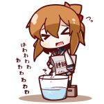  1girl brown_hair chibi cup half_updo highres inazuma_(kantai_collection) kantai_collection medicine nuu_(nu-nyu) open_mouth powder solo sweatdrop water wavy_mouth 