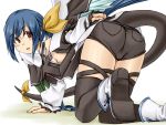  1girl all_fours ankle_boots arm_support ass asymmetrical_wings bare_shoulders black_legwear blue_hair blush boots bow breasts cross-laced_legwear dizzy feathered_wings guilty_gear hair_bow long_hair long_sleeves looking_back off_shoulder open_mouth orippa pants red_eyes shorts sideboob smile solo tail tail_bow thigh-highs wings yellow_bow 