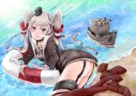  1girl amatsukaze_(kantai_collection) ass blush fang garter_straps gloves grey_eyes hair_ornament hairband innertube kantai_collection long_hair looking_at_viewer lying machinery okatsukisei open_mouth rensouhou-kun silver_hair solo striped striped_legwear thigh-highs turret two_side_up water 