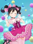  1girl \m/ balloon black_hair blush bow closed_eyes double_\m/ dress gloves grin hair_bow love_live!_school_idol_project nico_nico_nii pantyhose short_hair smile solo striped striped_legwear twintails ume_(plumblossom) yazawa_nico 