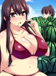  2girls akagi_(kantai_collection) angry bikini breast_envy breasts brown_eyes brown_hair cleavage food food_on_face fruit huge_breasts kaga_(kantai_collection) kantai_collection long_hair looking_at_viewer glasses_man multiple_girls navel parted_lips red_bikini short_hair side_ponytail swimsuit watermelon 