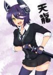  1girl checkered_necktie eyepatch fingerless_gloves gloves headgear highres kantai_collection looking_at_viewer mint_(cerbi) necktie open_mouth purple_hair short_hair solo sword tenryuu_(kantai_collection) thigh-highs weapon yellow_eyes 