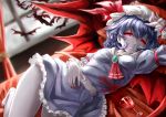  1girl ascot barefoot bat bat_wings blue_hair brooch cup hat hat_ribbon jewelry kamisa looking_at_viewer lying midriff mob_cap nail_polish on_side puffy_short_sleeves puffy_sleeves red_eyes remilia_scarlet ribbon shirt short_sleeves skirt skirt_set solo spill touhou vest wine_glass wings wrist_cuffs 