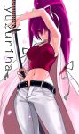  1girl belt breasts character_name hair_intakes hair_ribbon hand_on_hilt highres jacket_on_shoulders kimuchi large_breasts long_hair midriff navel nodachi open_fly pants ponytail purple_hair red_eyes ribbon sheath smile solo tank_top under_night_in-birth unsheathing unzipped very_long_hair yuzuriha_(under_night_in-birth) 
