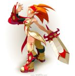 1girl armor boots breasts cross greaves halterneck huge_weapon iop long_hair no_pupils orange_hair panties pauldrons pointy_ears side_slit solo sword thigh-highs thigh_boots two_side_up underwear wakfu weapon white_legwear xavier_houssin 
