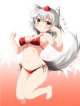  1girl animal_ears bare_shoulders barefoot bikini blush breasts cat_paws deego_(omochi_bazooka) hat highres inubashiri_momiji large_breasts looking_at_viewer midriff mound_of_venus navel paws red_eyes short_hair solo swimsuit tail tokin_hat touhou wolf_ears wolf_tail 