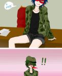  2boys blue_eyes blue_hair english flippy green_hair happy_tree_friends hat heart male military_hat military_jacket military_uniform multiple_boys nile-kun nosebleed short_hair shorts simple_background sitting_on_desk splendid tongue 