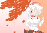  :3 animal_ears autumn_leaves bare_shoulders blush collar collarbone hand_on_hip hat highres holding inubashiri_momiji leaf one_eye_closed pom_pom_(clothes) red_eyes short_hair silver_hair tokin_hat touhou tree wolf_ears 