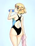  1girl ass back blonde_hair competition_swimsuit drinking gomi_(gomitin) green_eyes looking_at_viewer looking_back mizuhashi_parsee one-piece_swimsuit pointy_ears solo swimsuit touhou towel 