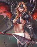  1girl bikini black_bikini blonde_hair breasts dantewontdie dragon dragon_girl dragon_wings expressionless fantasy highres knight lips long_hair looking_at_viewer mask midriff navel nose original polearm realistic red_eyes solo spear swimsuit tail weapon wings 