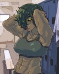  1girl abs arms_up blush breasts colored dark_skin eyebrows eyelashes glasses green_eyes green_hair gym hair_over_one_eye hands_in_hair hilda_(tenk) large_breasts messy_hair midriff mound_of_venus muscle navel original scar semi-rimless_glasses short_hair smell solo sports_bra tenk thick_eyebrows under-rim_glasses yellow-framed_glasses 