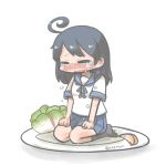  1girl ahoge black_hair closed_eyes crying inishie kantai_collection lettuce open_mouth orange_slice plate seiza sitting solo tears ushio_(kantai_collection) wavy_mouth 