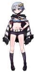  1girl absurdres belt boots breasts character_request choker cloak criminal_girls earrings eyebrows flower hair_flower hair_ornament hands_on_hips highres jewelry nail_polish navel official_art short_hair short_shorts shorts silver_hair simple_background striped thick_eyebrows white_background 