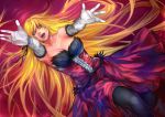  absurdly_long_hair bare_shoulders black_legwear blonde_hair breasts cleavage collarbone dress dutch_angle elbow_gloves fangs fur_trim gloves highres kiss-shot_acerola-orion_heart-under-blade large_breasts lips long_hair monogatari_(series) nose open_mouth oshino_shinobu outstretched_arms pantyhose shikihara_mitabi slit_pupils strapless_dress teeth very_long_hair white_gloves yellow_eyes 