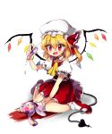  1girl ascot blonde_hair blush flandre_scarlet hat highres laevatein open_mouth red_eyes short_hair side_ponytail simple_background smile solo stuffed_animal stuffed_bunny stuffed_toy touhou white_background wings 