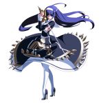  1girl ahoge artist_request blue_eyes blue_hair dress ecole fighting_stance french-bread high_heels highres huge_ahoge long_hair official_art orie_(under_night_in-birth) pantyhose rapier shoes simple_background spikes standing stiletto_heels sword tiptoes under_night_in-birth very_long_hair weapon white_background white_legwear 