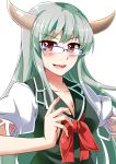  1girl bespectacled blue-framed_glasses blush breasts brown_eyes bust cleavage collarbone dress e.o. ex-keine glasses green_dress highres horns jewelry kamishirasawa_keine large_breasts long_hair necklace open_mouth puffy_short_sleeves puffy_sleeves short_sleeves silver_hair smile solo touhou very_long_hair 