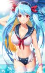  1girl blue_hair bracelet breasts cleavage earrings eng_(hypark1102) hair_ribbon hat innertube jewelry large_breasts long_hair luthica_preventer midriff partially_submerged red_eyes ribbon sailor_bikini smile solo sword_girls thigh-highs twintails white_legwear 