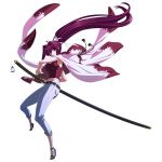  1girl artist_request cape capri_pants french-bread hair_ribbon hand_on_hilt high_heels highres long_hair nodachi official_art ponytail purple_hair ribbon sandals solo stiletto_heels sword tank_top under_night_in-birth very_long_hair violet_eyes weapon white_background yuzuriha_(under_night_in-birth) 