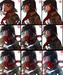  1girl black_hair blood blood_on_face blood_splatter bloody_clothes bloody_weapon grey_eyes highres holding holding_sword holding_weapon how_to jacket lips long_sleeves mikasa_ackerman military military_uniform number numbered_panels parted_lips progression red_scarf scarf shikihara_mitabi shingeki_no_kyojin short_hair simple_background solo strap sword uniform weapon white_background work_in_progress 