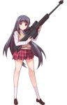  1girl artist_request black_hair bullet_girls character_request full_body gun hair_ornament hairclip highres holding loafers long_hair long_sleeves necktie official_art plaid plaid_skirt pleated_skirt red_eyes rifle shoes simple_background skirt sniper_rifle solo weapon 