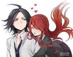  1boy 1girl ahoge black_hair closed_eyes dangan_ronpa dangan_ronpa/zero grey_eyes heart hug hug_from_behind long_hair matsuda_yasuke necktie otonashi_ryouko redhead school_uniform smile very_long_hair veryberry00 