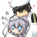  1boy 1girl admiral_(kantai_collection) aoba_(kantai_collection) blue_eyes blush blush_stickers carrying chibi commentary_request fang flying_sweatdrops gomasamune hair_ornament hat heart hug hug_from_behind kantai_collection military military_uniform naval_uniform open_mouth peaked_cap petting ponytail purple_hair school_uniform serafuku sweat translation_request uniform 