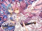  2girls belt blue_eyes blue_hair bow cape dress eye_contact gloves goddess_madoka hair_bow holding_hands kaname_madoka katzeh looking_at_another magical_girl mahou_shoujo_madoka_magica multiple_girls pink_hair scabbard sheath soul_gem spoilers sword two_side_up weapon wings yellow_eyes 