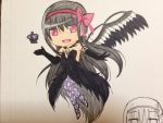  1girl :d absurdres akemi_homura akuma_homura argyle argyle_legwear bare_shoulders black_gloves black_hair bow chibi choker dark_orb_(madoka_magica) dress elbow_gloves feathered_wings gloves hair_bow highres long_hair looking_at_viewer mahou_shoujo_madoka_magica mahou_shoujo_madoka_magica_movie multiple_views open_mouth photo simple_background smile solo spoilers violet_eyes white_background wings 