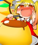  1girl asymmetrical_hair asymmetrical_wings big_mouth blonde_hair crystal dress drooling eating fang flandre_scarlet giga_pudding hand_on_own_cheek kunitori mob_cap open_mouth pudding red_dress red_eyes saliva short_hair side_ponytail slit_pupils solo_focus touhou wings 