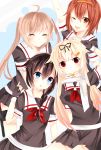  4girls :d ^_^ ahoge arm_up black_gloves black_hair black_skirt blonde_hair blue_eyes braid brown_hair closed_eyes fingerless_gloves gloves hair_ornament hair_ribbon hairband hairclip highres hinaki_(aoi0410616) kantai_collection long_hair looking_at_viewer multiple_girls murasame_(kantai_collection) neckerchief one_eye_closed open_mouth orange_eyes pleated_skirt red_eyes ribbon sailor_collar scarf school_uniform serafuku shigure_(kantai_collection) shiratsuyu_(kantai_collection) short_hair single_braid skirt smile twintails white_scarf yuudachi_(kantai_collection) 