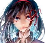  1girl akemi_homura black_hair blue_eyes fley3black hair_ribbon long_hair mahou_shoujo_madoka_magica ribbon solo tears 