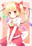  1girl ascot blonde_hair blush bow flandre_scarlet hair_bow heart highres no_hat pen-zin puffy_short_sleeves puffy_sleeves red_eyes sash shirt short_sleeves side_ponytail sitting skirt solo touhou v_arms wariza wings 