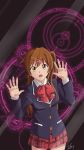  1girl against_glass brown_eyes brown_hair chuunibyou_demo_koi_ga_shitai! fourth_wall glass hair_ornament hairclip highres looking_at_viewer magic_circle nibutani_shinka phone_screen side_ponytail signature solo sorandia wallpaper 