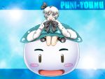  1girl blob blue_background blue_eyes bow character_name dress fusion green_dress grey_hair hairband kneeling konpaku_youmu mana_khemia_2 oversized_clothes parody pun puni puniyo shirosato shoes short_hair sleeves_past_wrists touhou 