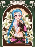  1girl belt blue_hair blush braid bullet choker commentary crying crying_with_eyes_open fingerless_gloves flat_chest flower fringe gloves jewelry jinx_(league_of_legends) league_of_legends lily_(flower) long_hair looking_at_viewer mismatched_gloves necklace nestkeeper out_of_character pink_eyes shorts solo tattoo tears twin_braids very_long_hair 