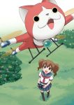  1girl black_legwear brown_hair brown_shoes bush cat controller emi-chan flower gachon_jirou grass helicopter helicopter_cat jibanyan kneehighs open_mouth remote_control school_uniform serafuku smile youkai_watch 