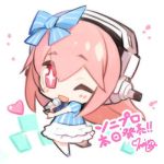  1girl blush chibi headphones long_hair lowres microphone nitroplus one_eye_closed open_mouth smile solo star star-shaped_pupils super_sonico symbol-shaped_pupils 
