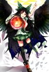  1girl :d arm_cannon asymmetrical_legwear bird_wings black_hair black_legwear black_wings boots bow cape chiaki_kou feathered_wings frilled_skirt frills green_bow hair_bow highres long_hair open_mouth orange_eyes pointing pointing_up puffy_short_sleeves puffy_sleeves reiuji_utsuho short_sleeves skirt smile solo space star_(sky) thigh-highs third_eye touhou very_long_hair weapon wings 